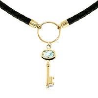 Aquamarine Key Charm Leather Pendant Necklace 0.5ct in 9ct Gold