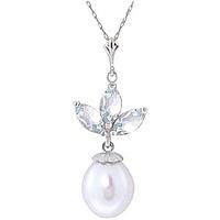 Aquamarine and Pearl Petal Pendant Necklace 4.75ctw in 9ct White Gold