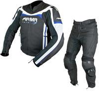 ARMR Moto Raiden Leather Motorcycle Jacket & Trousers Black Blue White Kit