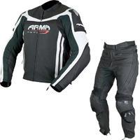 ARMR Moto Raiden Leather Motorcycle Jacket & Trousers Black White Kit