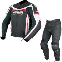 ARMR Moto Raiden Leather Motorcycle Jacket & Trousers Black Red White Kit