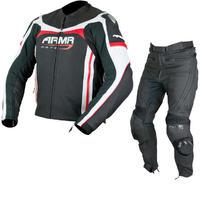 ARMR Moto Raiden Leather Motorcycle Jacket & Trousers Black Red White Kit