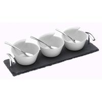 Arthur Price Ceramic Bowls and Spoons on a Slate Base, Set of 3