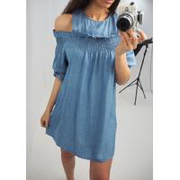 Arleena cold shoulder ruched denim dress