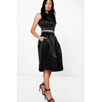 arayah box pleat satin skater skirt black