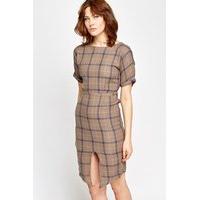 Army Green Checkered Front Slit Dress