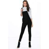 Aria Long Distressed Denim Dungaree - black