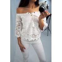 Arla white bardot eyelet lace up crochet top