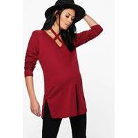 Aria Cross Neck Strap Ribbed Jumper - berry