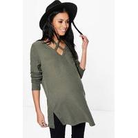 aria cross neck strap ribbed jumper khaki