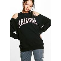 Arizona Slogan Cold Shoulder Sweat Shirt - black