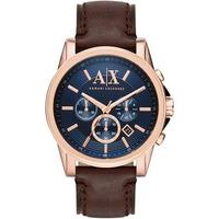 Armani Exchange Mens Rose Gold Plated Blue Dial Chronograph Leather Strap Watch AX2508