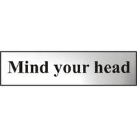 asec mind your head 200mm x 50mm chrome self adhesive sign
