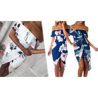 Asymmetric Hem Tropical-Print Bardot Dress - 4 Sizes
