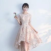 Asymmetrical Jewel Bridesmaid Dress - Elegant Short Sleeve Lace