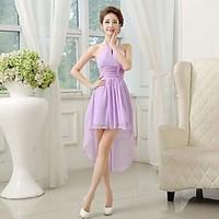 Asymmetrical Chiffon Floral Bridesmaid Dress - A-line Princess Halter with Criss Cross Ruching