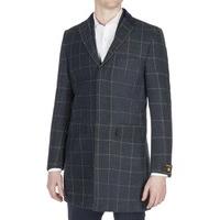 Aston & Gunn Petrol Windowpane Check Tailored Fit Overcoat 44R Navy