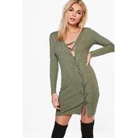 Asymmetric Lace Up Rib Knit Dress - khaki