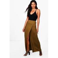 Asymetric Wrap Tie Maxi Skirt - olive