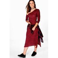 asymmetric bardot ribbed midi dress berry