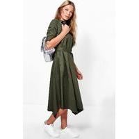 Asymmetric Hem Belted Shirt Dress - khaki