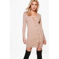 Asymmetric Lace Up Rib Knit Dress - camel