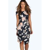 Asymmetric Peplum Floral Print Midi Dress - multi