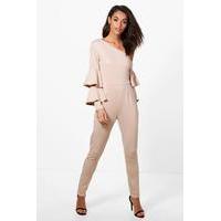 Asymmetric Frill Skinny Leg Jumpsuit - taupe