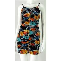 ASOS Size 10 Cobalt Blue, Florida Orange and Turquoise Floral Print Rouched Bodycon Dress with Spaghetti Straps