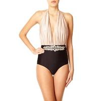 ATLANTIC - Gold Halter Neck Swimsuit With Black Contrast Bottom