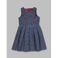 Autograph Cotton Textured Stripe Pleat Dress with Stretch (3-14 Years)