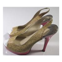 Authentic Christian Louboutin Size 4 Cork Print/Lipstick Pink \'Catenita\' Heeled Sandals Pumps