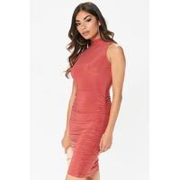Audrey Rust Slinky High Neck Ruched Mini Dress