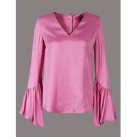 Autograph Satin Flared Cuff V-Neck Shell Top