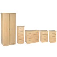 Avon Bedroom Set 6 Avon - Beech - 1x 3 Drawer Chest + 1x 5 Drawer tallboy unit + 1x 26 Plain Robe + 2x 3 Drawer Bedside Cabinet