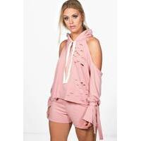 Ava Distressed Open Shoulder Short Lounge Set - pink