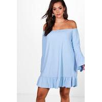 ava off the shoulder flare sleeve shift dress bluebell