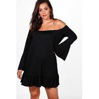 ava off the shoulder flare sleeve shift dress black