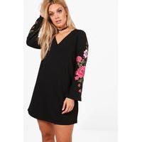 avery plunge neck embroidery swing dress black