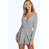 Aveline Wrap Front Long Sleeve Playsuit - grey marl