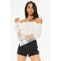 ava white mesh sleeved bardot crop top