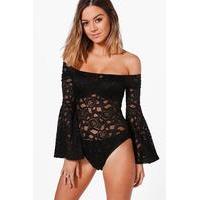 Ava Off The Shoulder Lace Flute Sleeve Body - black