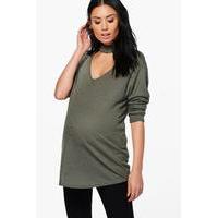 Ava Choker Ribbed Top - khaki