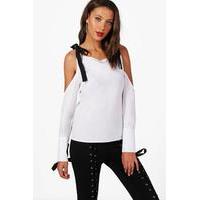 avril tie cold shoulder lace up cuff top white