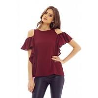 ax paris ruffle cold shoulder top wine