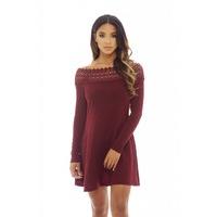 AX Paris Crochet Off Shoulder Jumper Dress Wine