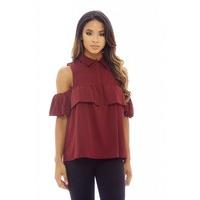 AX Paris Ruffle Cold Shoulder Button Up Top Wine