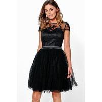 Ayra Embroidered Mesh Skater Dress - black