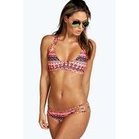 aztec print strap back detail bikini orange