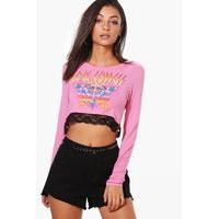 Azalea Long Sleeve Printed Lace Band Tee - pink